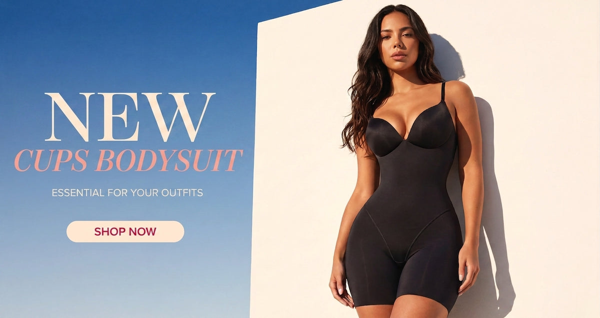 A woman modeling a black cups bodysuit against a split blue and white background with promotional text reading 'NEW CUPS BODYSUIT' and a 'SHOP NOW' button.