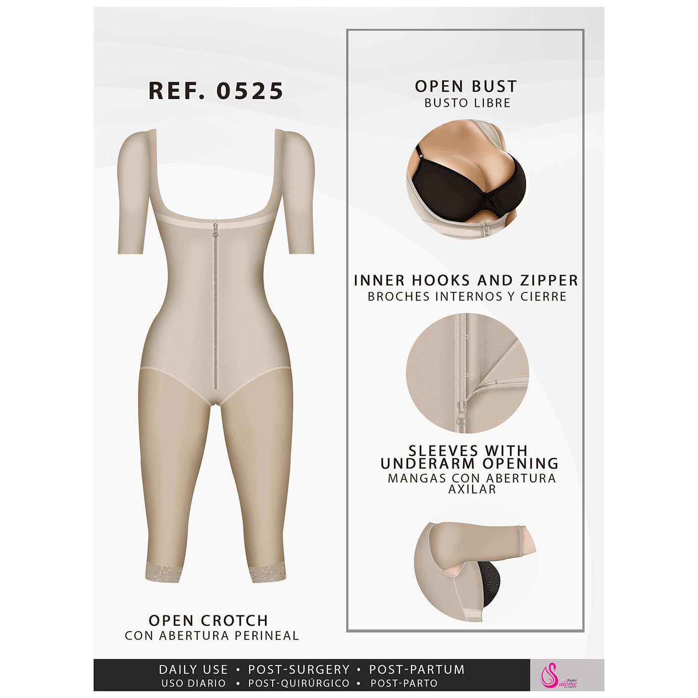 Fajas Salome 0525 Faja de Cuerpo Completo Postquirúrgica con Mangas